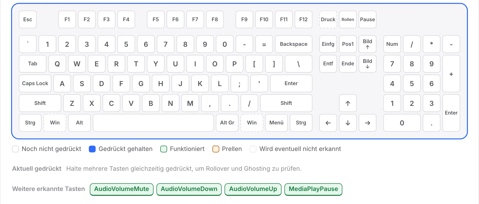 Die noch weiße F-Reihe, während AudioVolumeMute, AudioVolumeDown, AudioVolumeUp und MediaPlayPause unter „Weitere erkannte Tasten“ aufgelistet sind