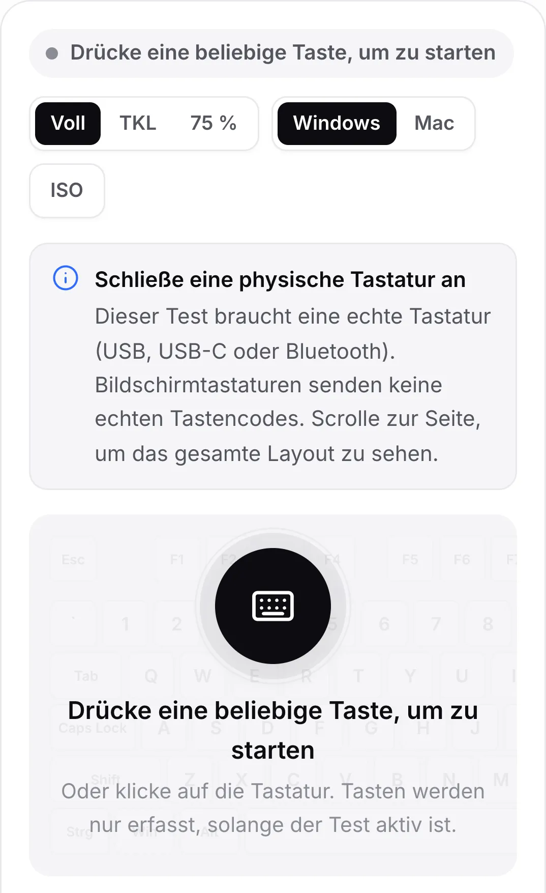 Der Tastaturtest auf einem Handy mit dem Hinweis „Schließe eine physische Tastatur an“