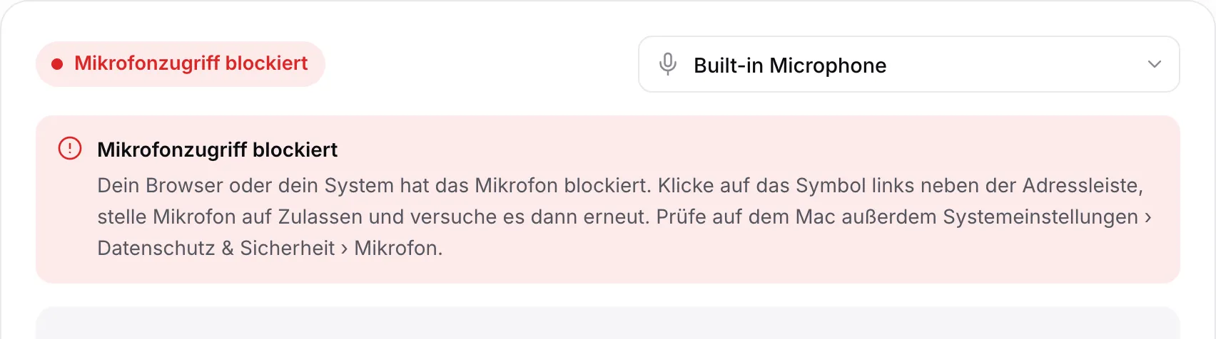 Der Mikrofontest mit der roten Meldung „Mikrofonzugriff blockiert“ und Anweisungen