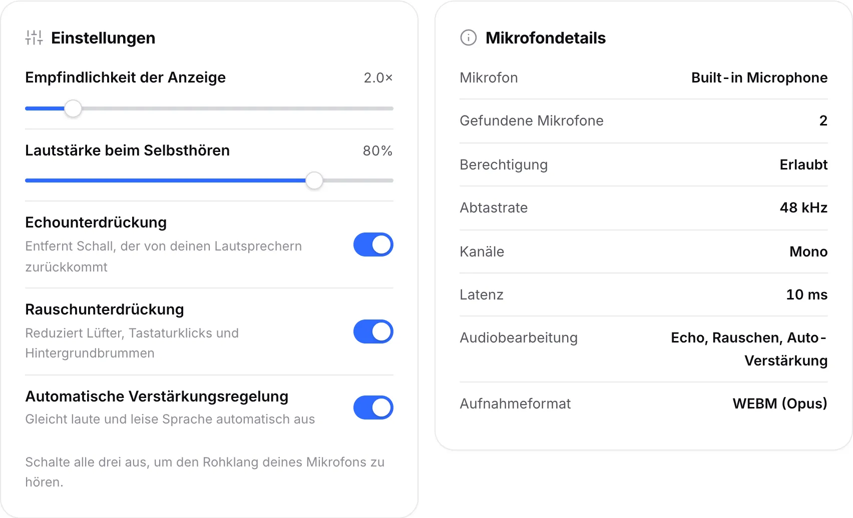 Das Einstellungsfeld mit den Schaltern für die Audiobearbeitung neben dem Feld „Mikrofondetails“