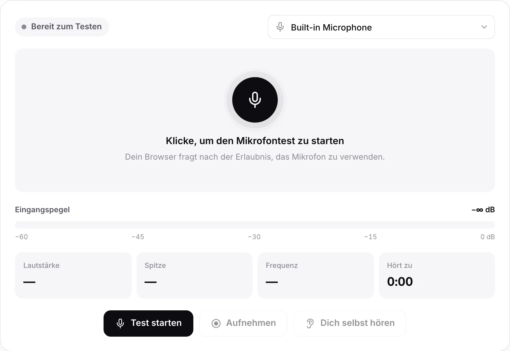 Der Mikrofontest vor dem Start, mit dem Button „Test starten“ und dem Mikrofonmenü