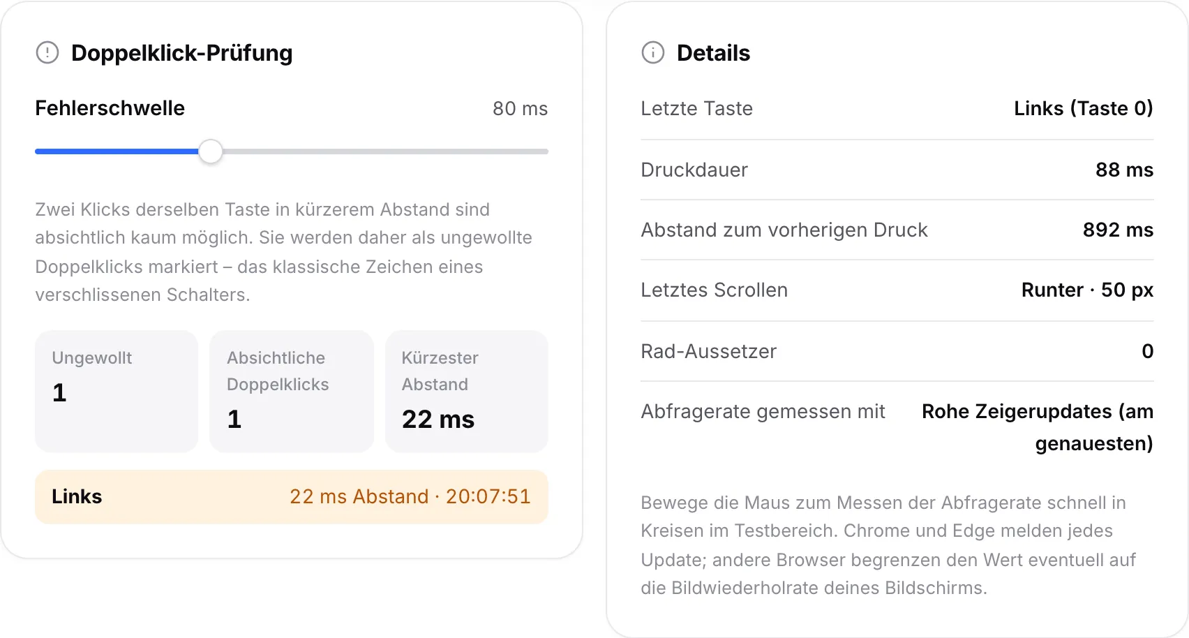 Das Feld „Doppelklick-Prüfung“ mit einem ungewollten Doppelklick der linken Taste und einem absichtlichen Doppelklick, neben dem Feld „Details“