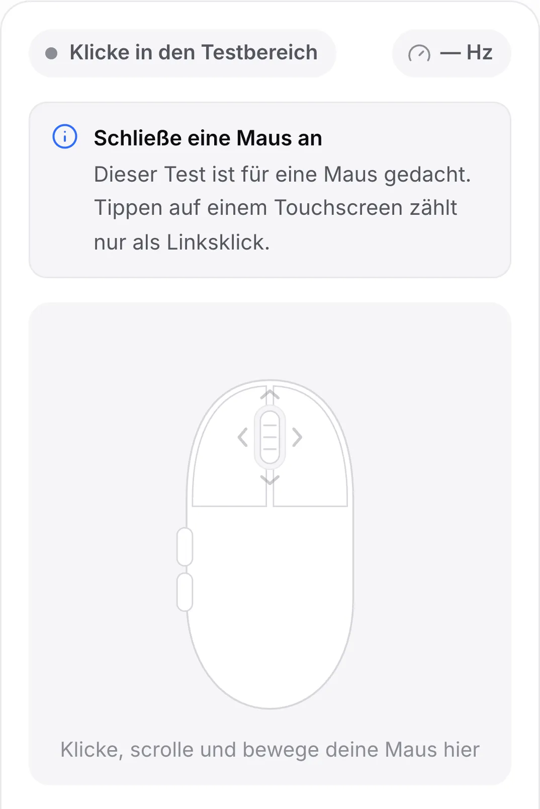 Der Maustest auf einem Handy mit dem Hinweis „Schließe eine Maus an“