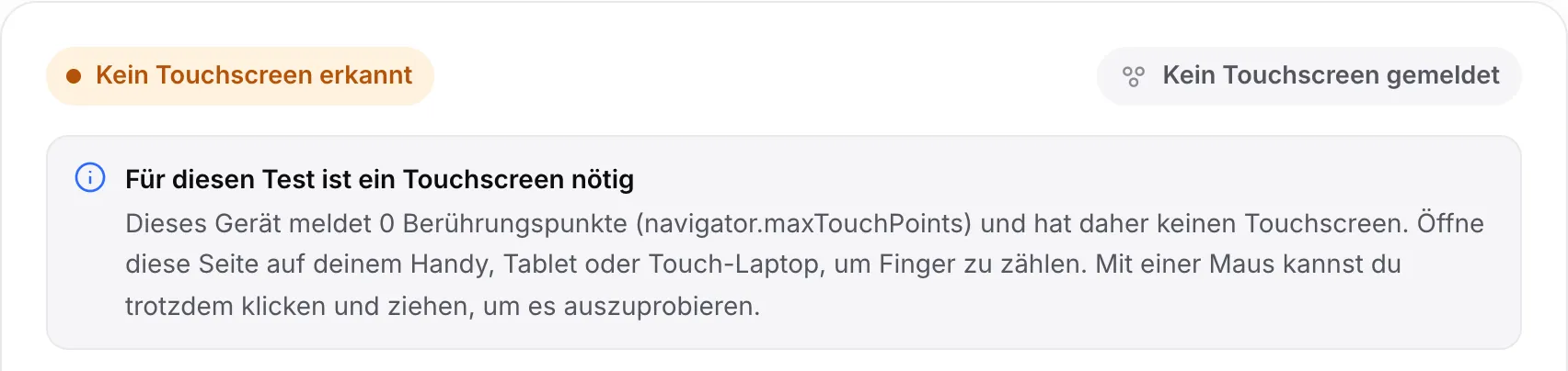 Der Multitouch-Test auf einem Computer: der orangefarbene Status „Kein Touchscreen erkannt“ und der Hinweis „Für diesen Test ist ein Touchscreen nötig“