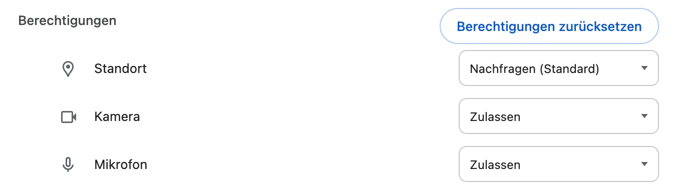 Chrome-Websiteeinstellungen mit Kamera und Mikrofon auf „Zulassen“