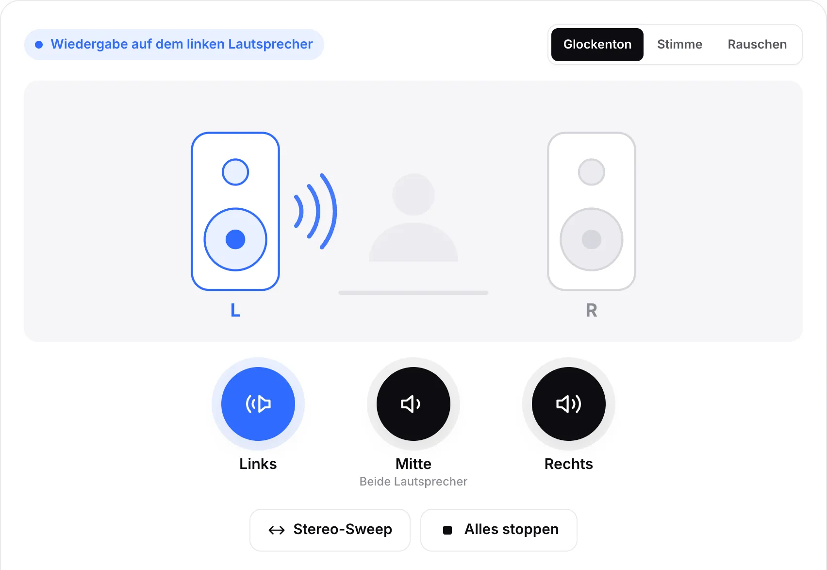 Der Soundtest spielt auf dem linken Lautsprecher: Der linke Lautsprecher im Diagramm leuchtet und der Button „Links“ ist hervorgehoben