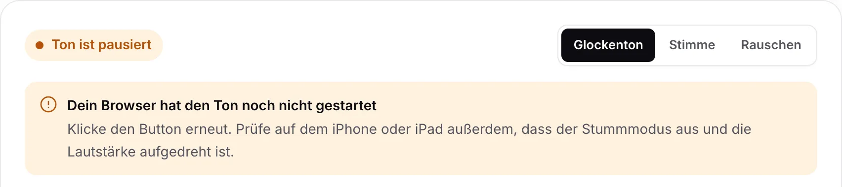 Der Soundtest mit dem orangefarbenen Status „Ton ist pausiert“ und dem Hinweis „Dein Browser hat den Ton noch nicht gestartet“