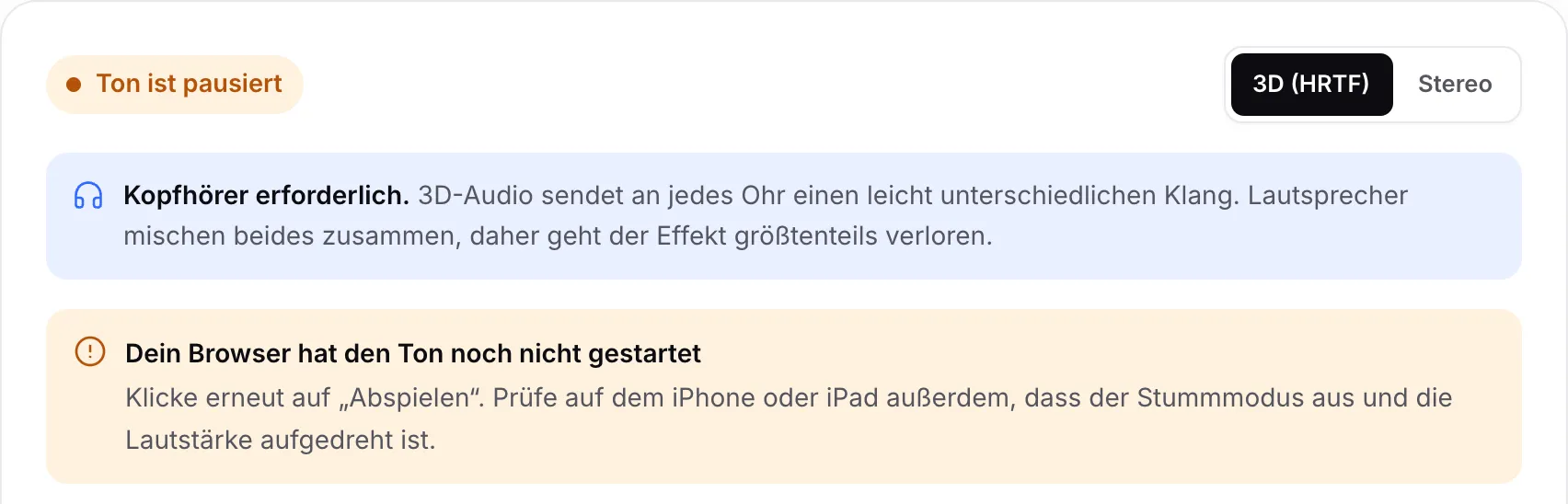 Der 3D-Audio-Test mit dem orangefarbenen Status „Ton ist pausiert“ und dem Hinweis „Dein Browser hat den Ton noch nicht gestartet“