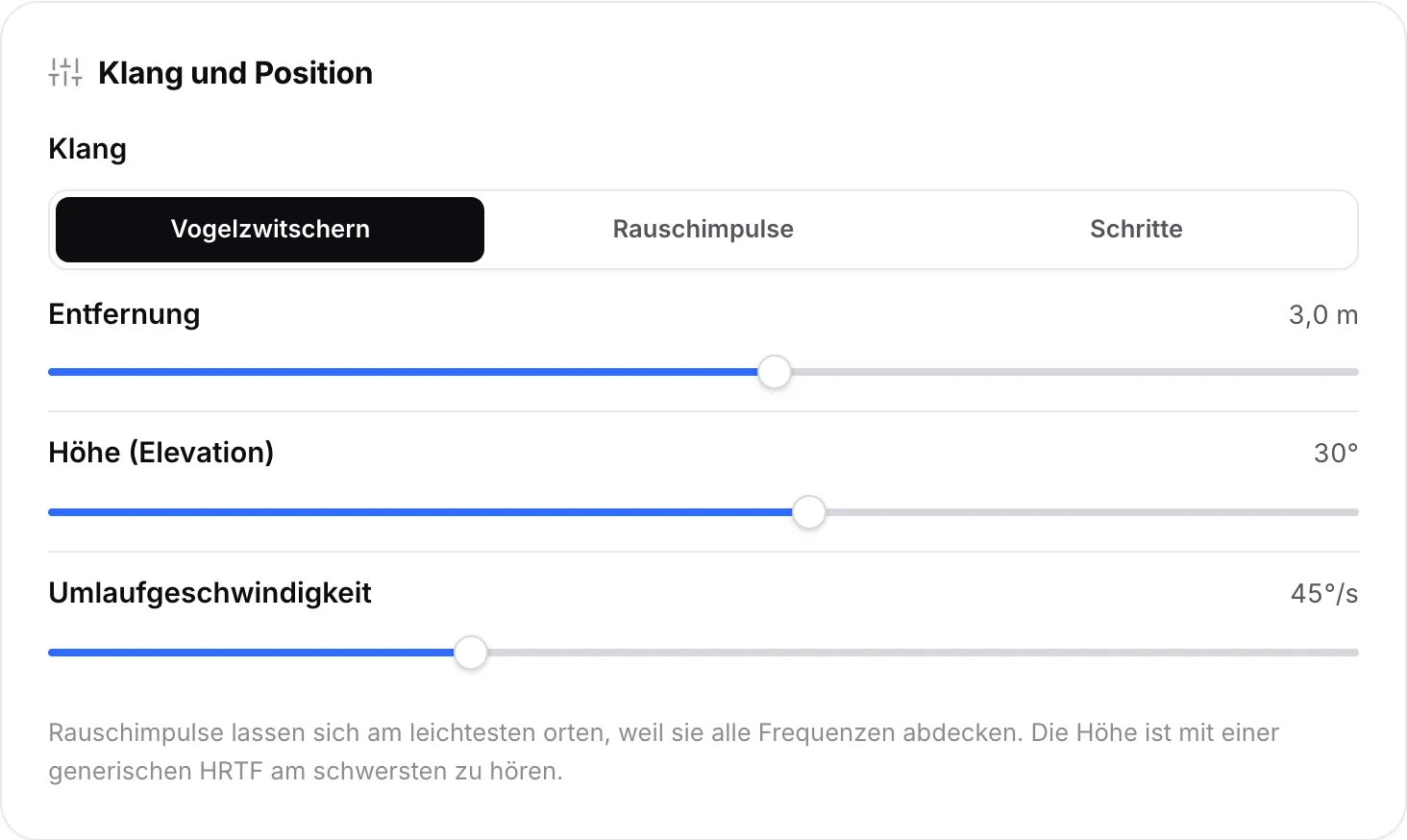 Das Feld „Klang und Position“ mit Entfernung auf 3,0 m und Höhe (Elevation) auf 30°