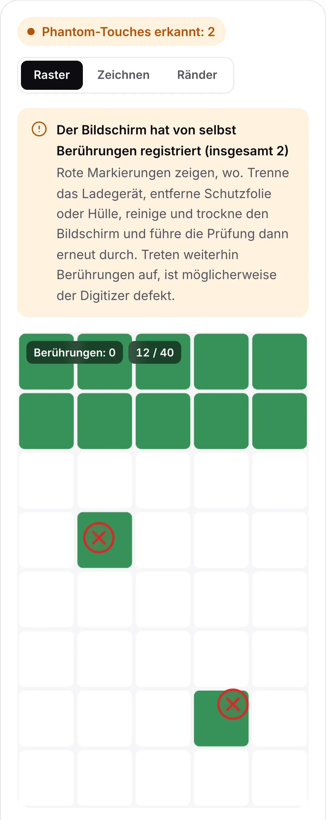 Ergebnis der Phantom-Touch-Prüfung: der orangefarbene Status „Phantom-Touches erkannt: 2“, der Rat, das Ladegerät abzuziehen und den Bildschirm zu reinigen, und zwei rote Markierungen im Raster