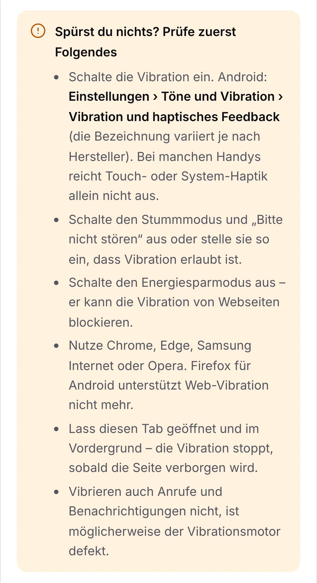 Die Checkliste „Spürst du nichts? Prüfe zuerst Folgendes“ mit sechs Tipps, beginnend mit dem Einschalten der Vibration in den Android-Einstellungen