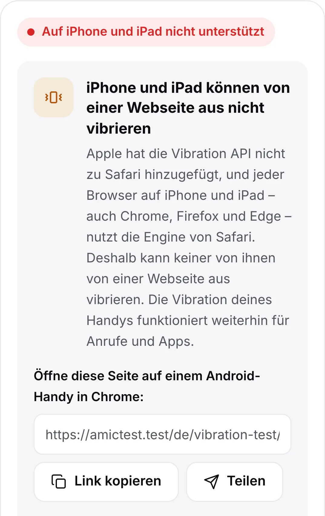 Der Vibrationstest auf einem iPhone: der rote Status „Auf iPhone und iPad nicht unterstützt“, eine Erklärung und ein Link, um die Seite auf einem Android-Handy zu öffnen