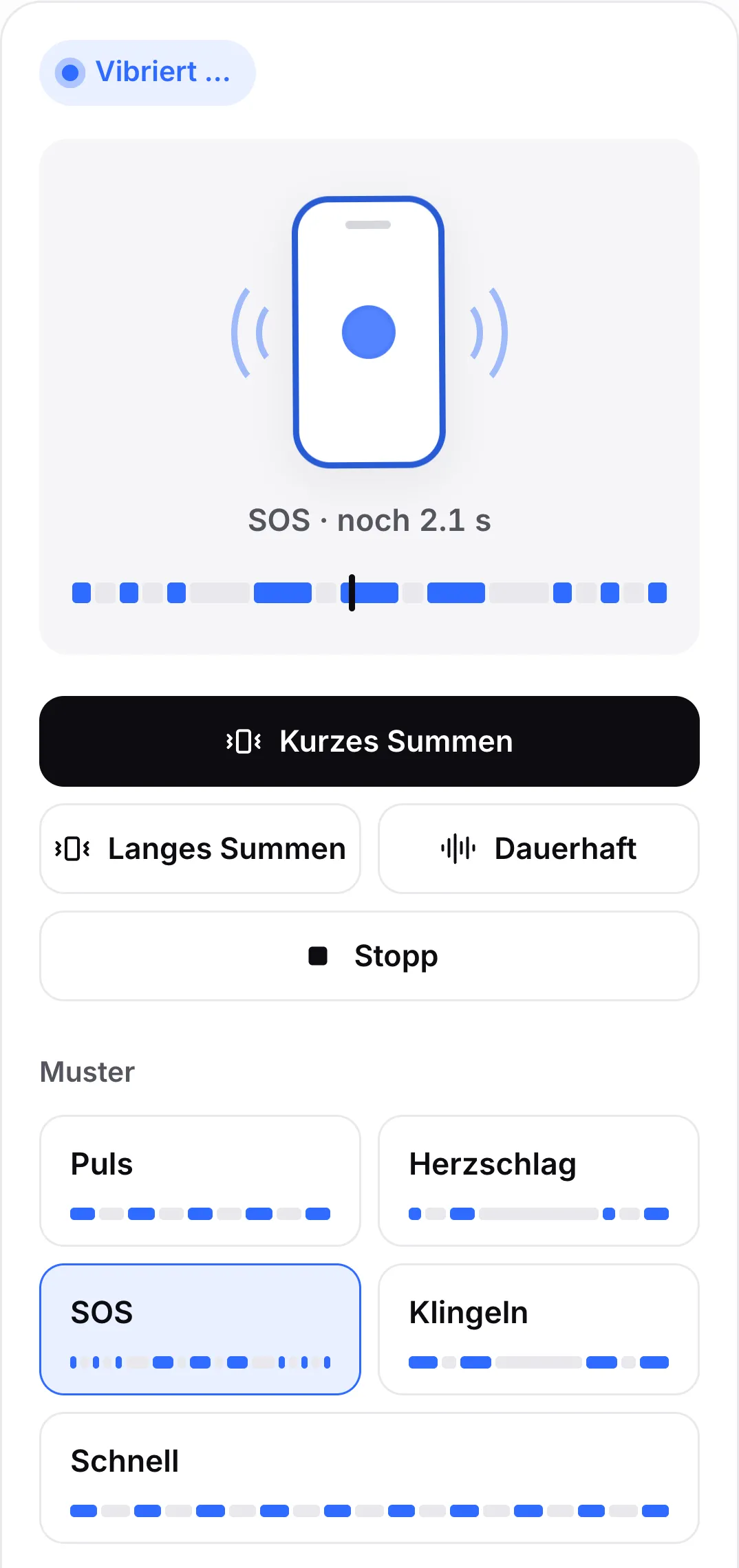 Das SOS-Muster läuft: Sein Button ist hervorgehoben, und die Zeitleiste über den Buttons zeigt kurzes und langes Summen mit dem Abspielkopf in einem langen Summen