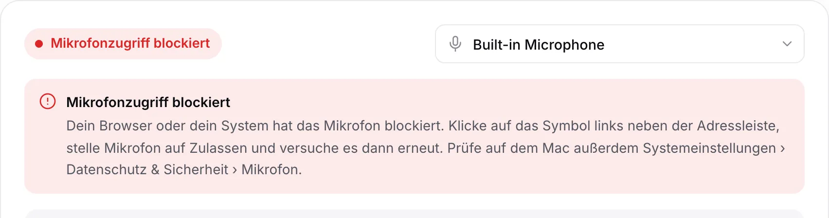 Das Stimmgerät mit der roten Meldung „Mikrofonzugriff blockiert“ und Anweisungen