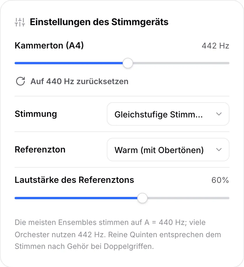 Einstellungen des Stimmgeräts mit dem Regler für den Kammerton (A4) auf 442 Hz, dem Stimmungsmenü und den Optionen für den Referenzton