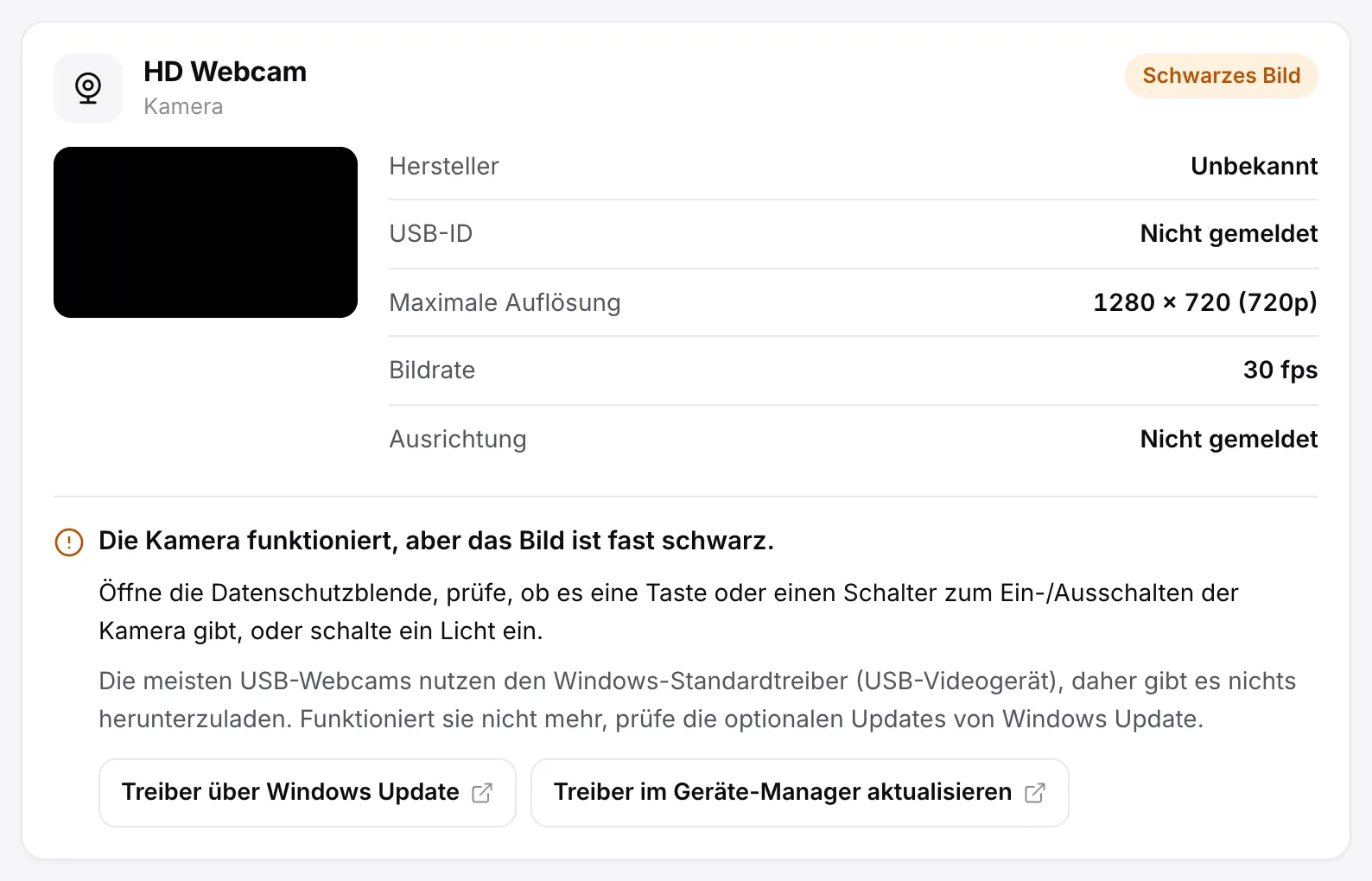 Eine Kamera mit der Markierung „Schwarzes Bild“, einem schwarzen Standbild und dem Tipp, die Datenschutzblende zu öffnen oder die Kamerataste zu prüfen