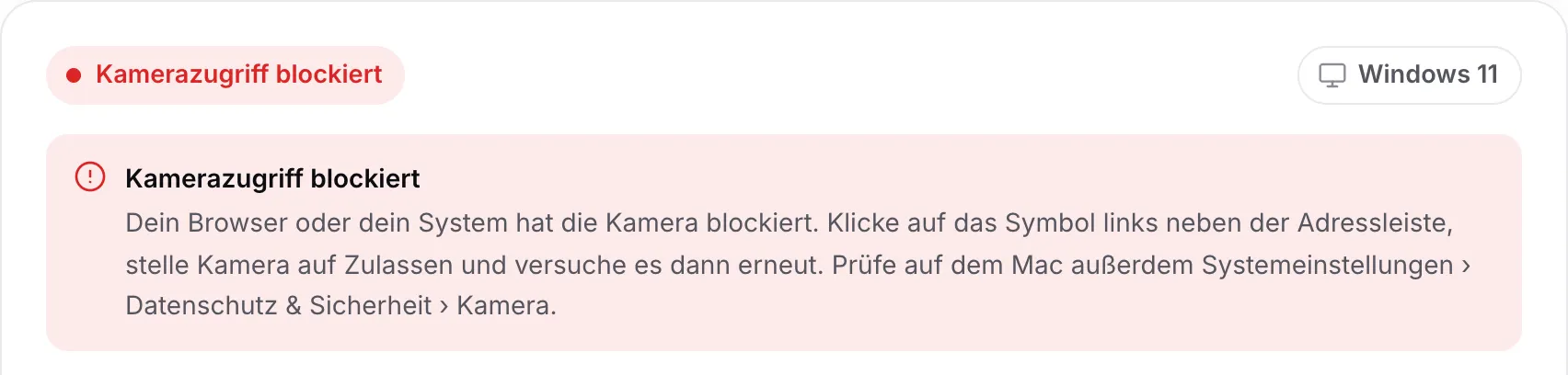 Die Webcam-Treibersuche mit der roten Meldung „Kamerazugriff blockiert“ und Anweisungen