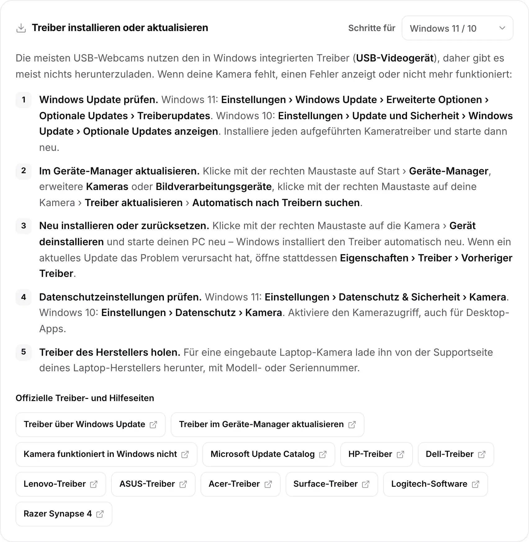 Die Karte „Treiber installieren oder aktualisieren“ mit den Schritten für Windows 11 / 10 und Links zu offiziellen Treiber- und Hilfeseiten