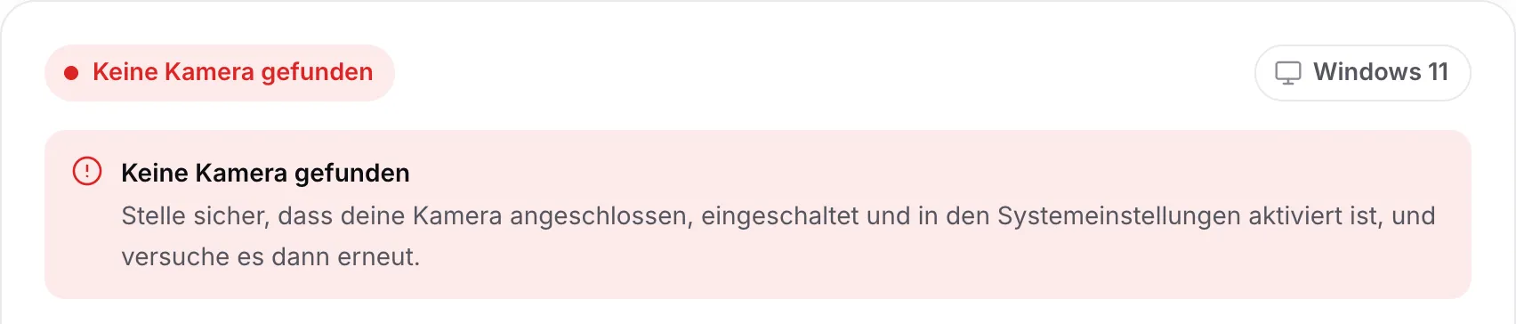Die Webcam-Treibersuche mit „Keine Kamera gefunden“ und dem Hinweis, zu prüfen, ob die Kamera angeschlossen, eingeschaltet und aktiviert ist