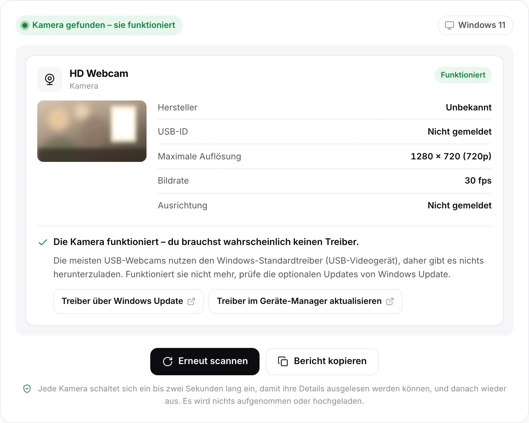Ein Scan-Ergebnis für HD Webcam: der Status „Kamera gefunden – sie funktioniert“, ein Standbild, 1280 × 720 (720p) bei 30 fps und das Urteil „Die Kamera funktioniert – du brauchst wahrscheinlich keinen Treiber“, mit Links zu Windows Update und zur Hilfe zum Geräte-Manager
