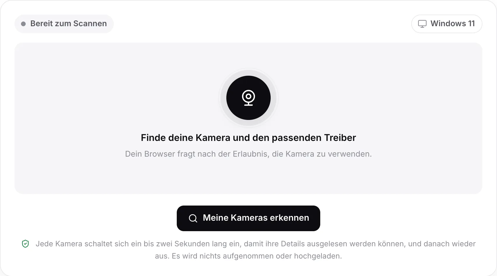 Die Webcam-Treibersuche vor einem Scan, mit dem Button „Meine Kameras erkennen“ und dem erkannten System Windows 11