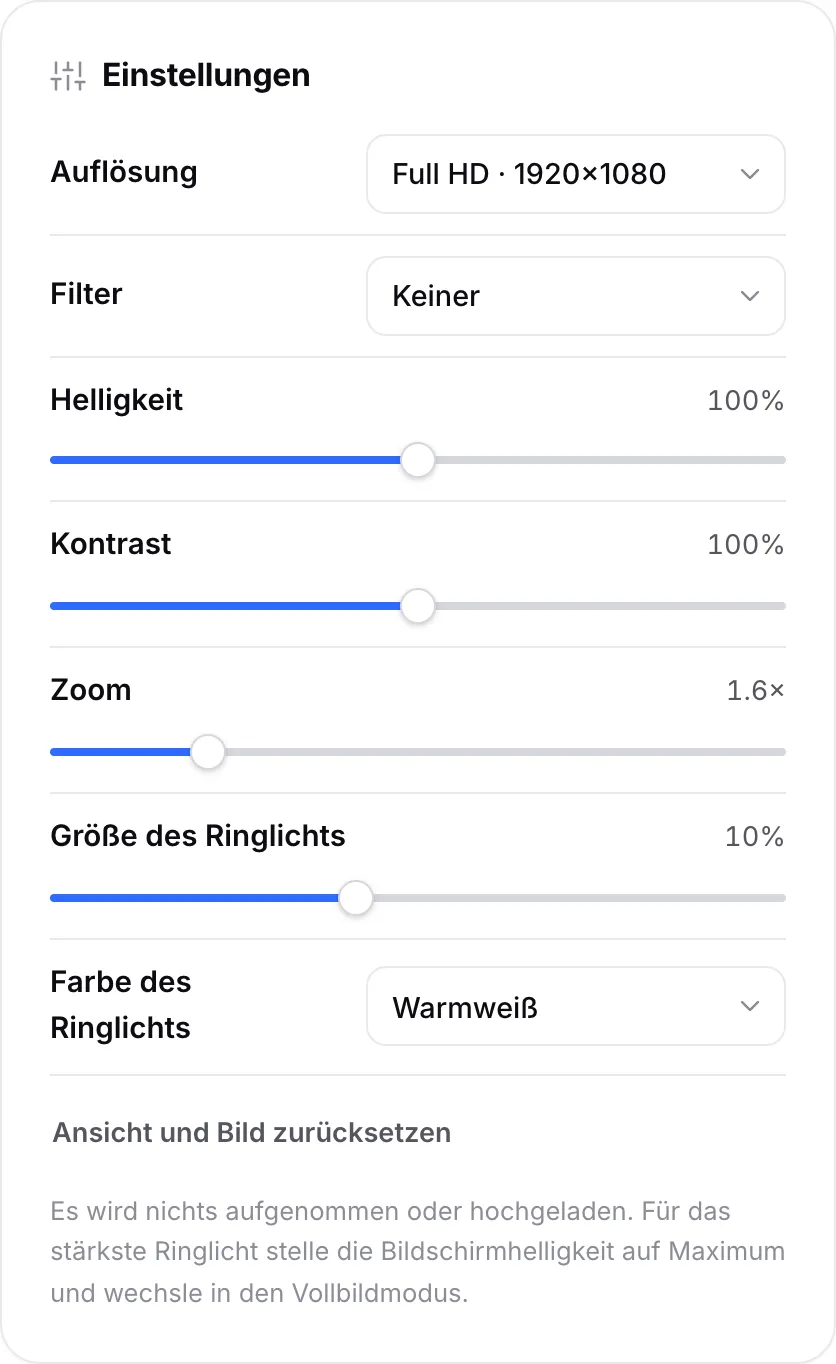 Spiegel-Einstellungen mit Helligkeit, Kontrast, Zoom auf 1,6×, Ringlichtgröße 10 % und Ringlichtfarbe Warmweiß