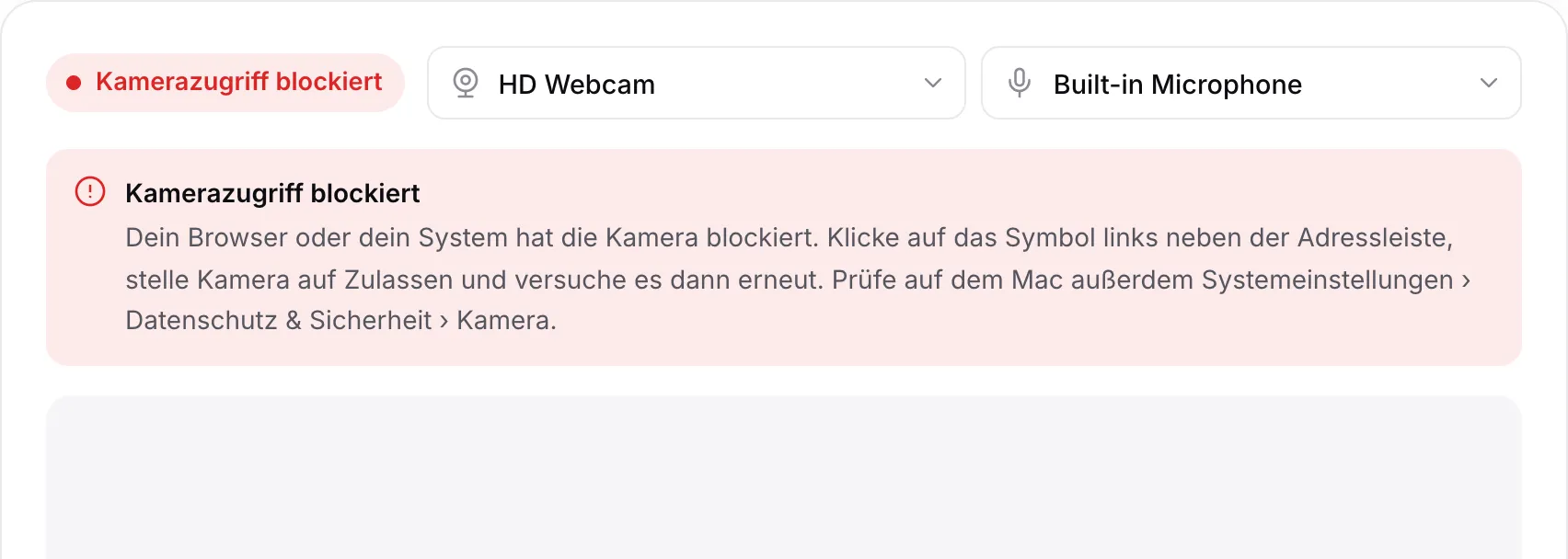 Der Webcam-Recorder mit der roten Meldung „Kamerazugriff blockiert“ und Anweisungen