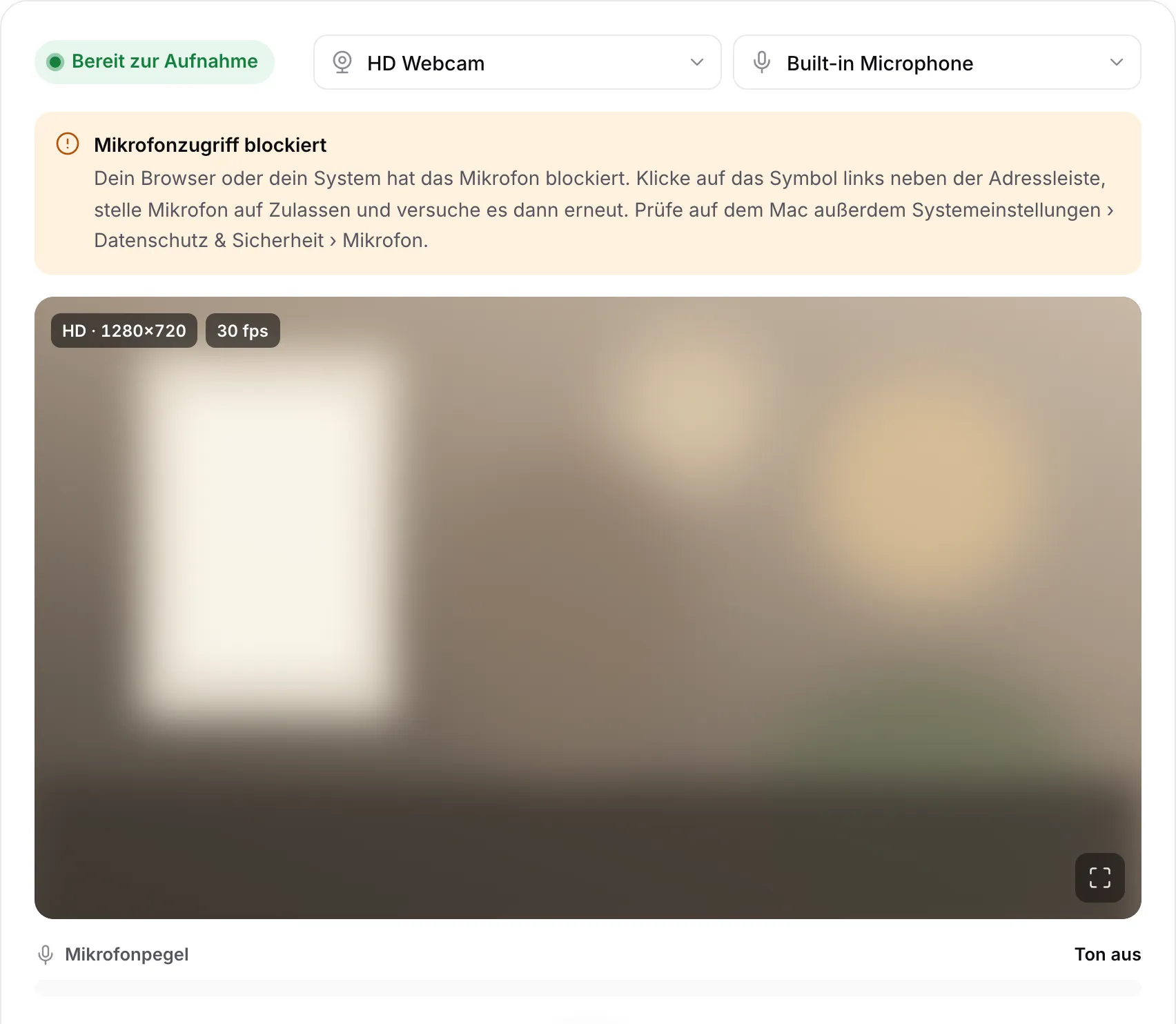 Der Recorder mit funktionierendem Bild, der Meldung „Mikrofonzugriff blockiert“ und dem Mikrofonpegel „Ton aus“