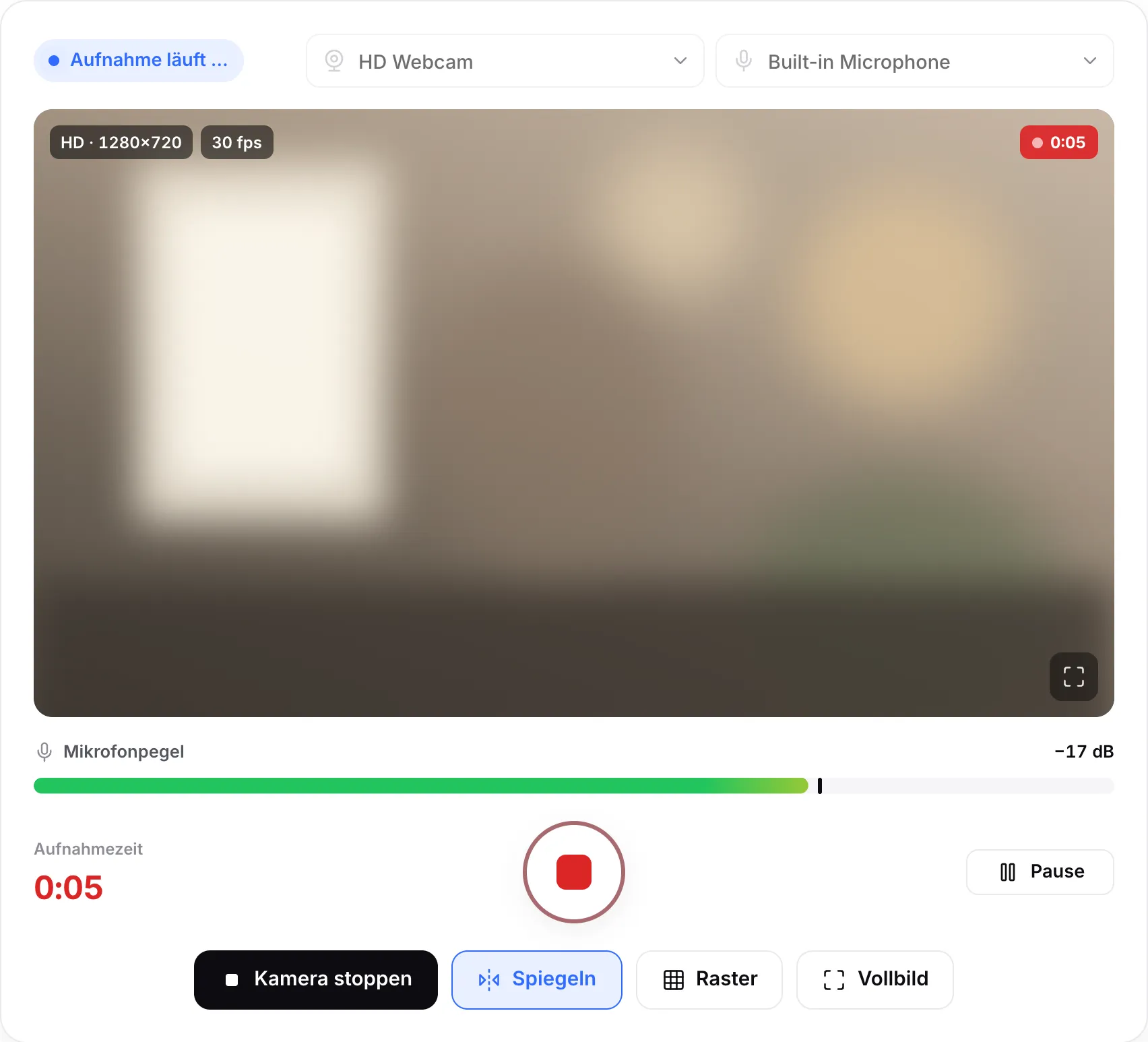 Eine laufende Aufnahme: der rote Timer auf dem Bild, die Aufnahmezeit, der quadratische Stopp-Button und der Button „Pause“