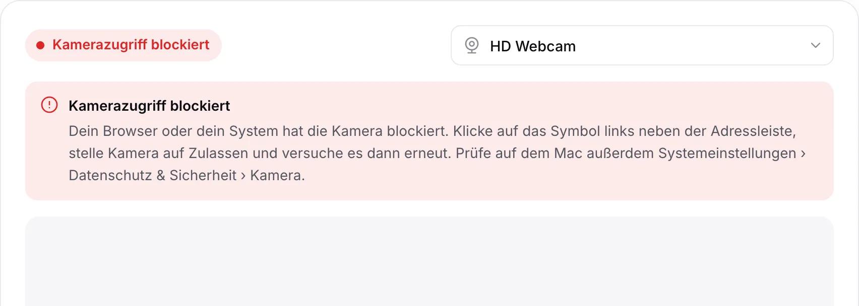 Der Webcam-Test mit der roten Meldung „Kamerazugriff blockiert“ und Anweisungen