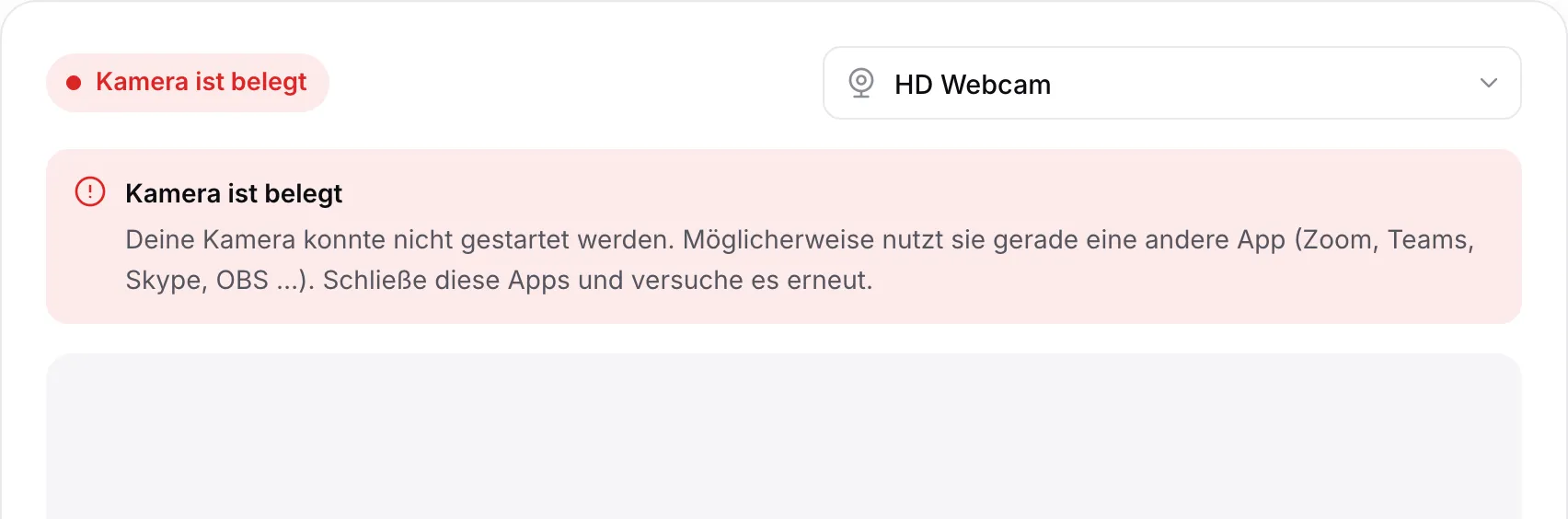 Der Webcam-Test mit der roten Meldung „Kamera ist belegt“