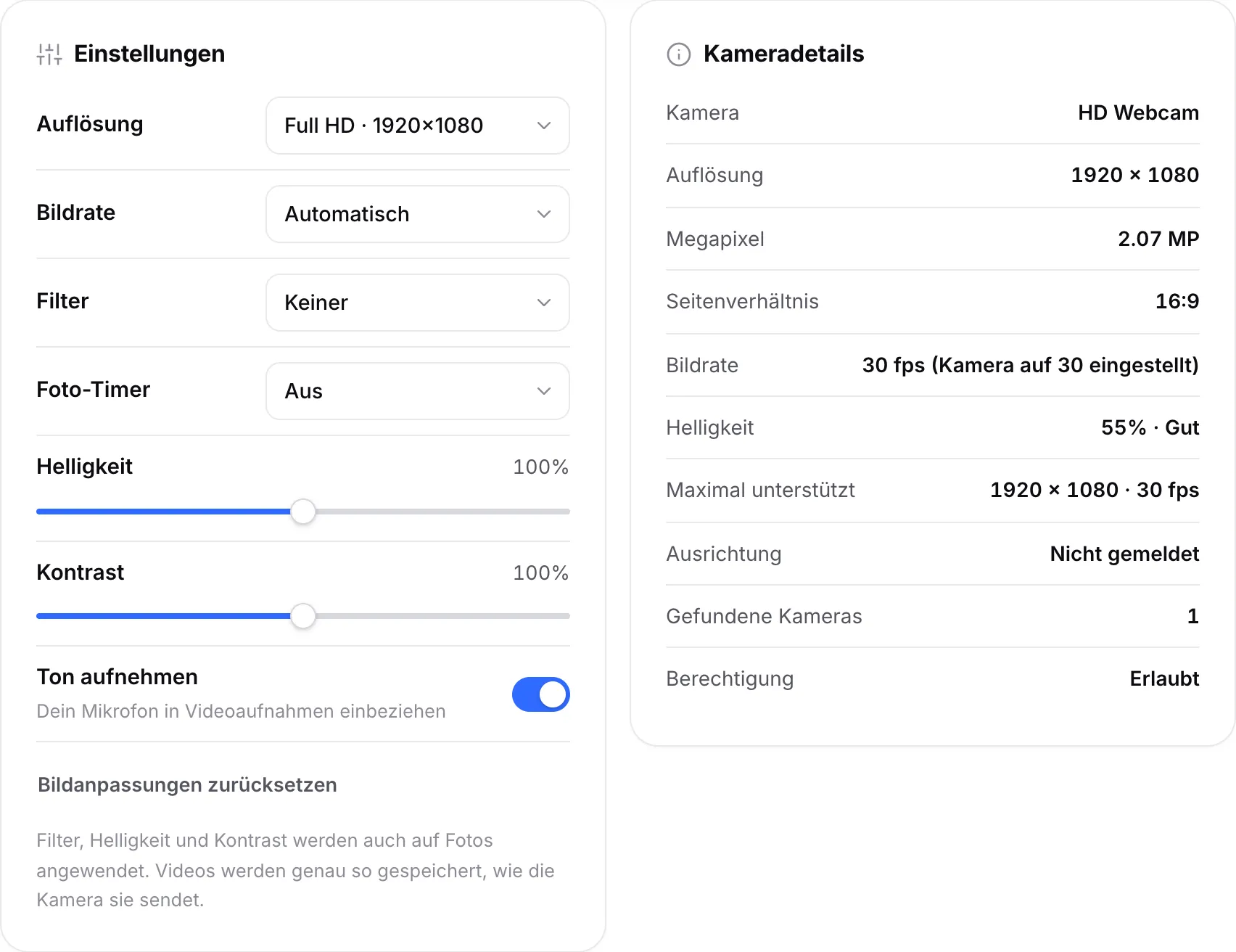 Einstellungen mit der Auflösung Full HD neben den Kameradetails mit 1920 × 1080, 30 fps und Helligkeit 55 % · Gut