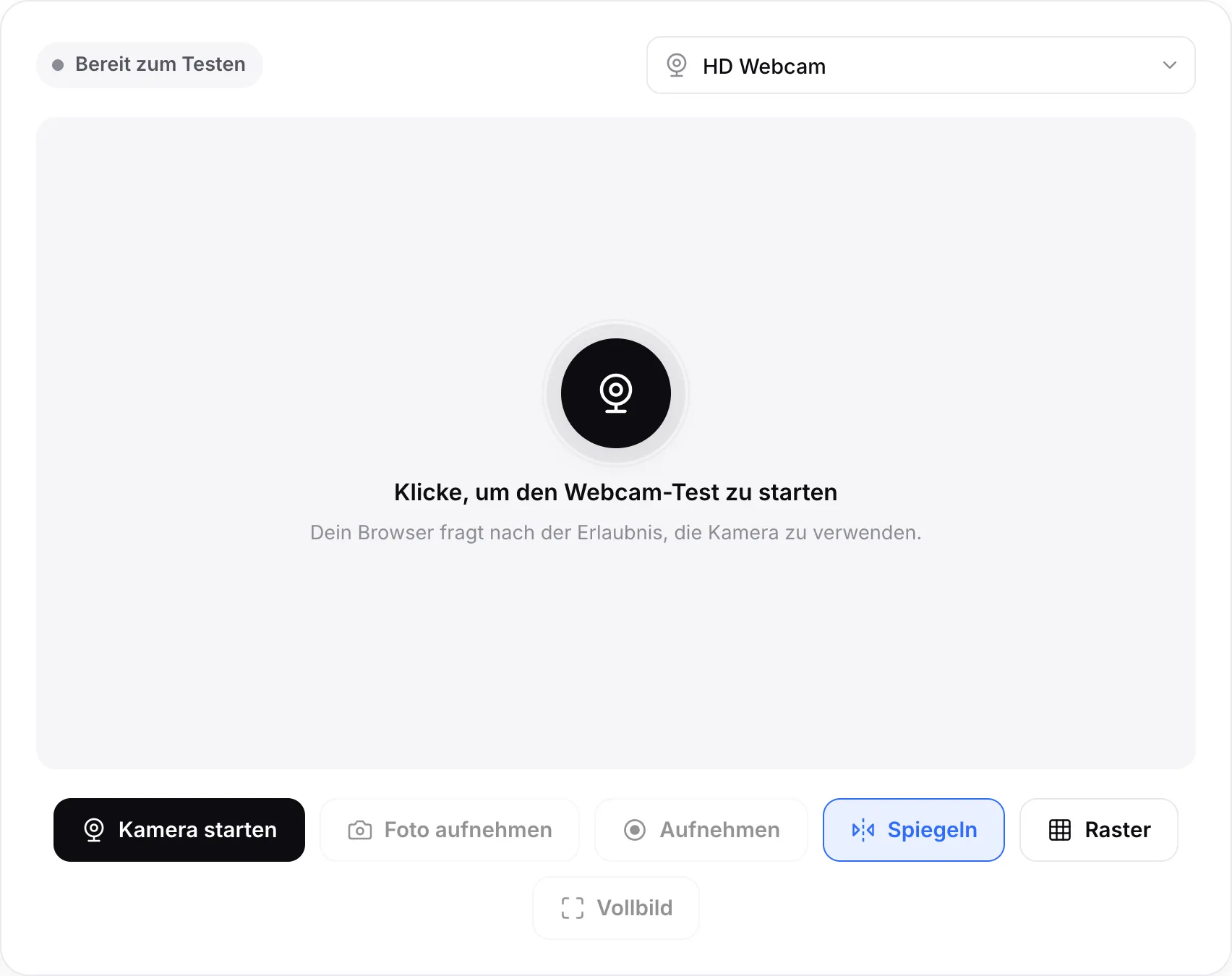 Der Webcam-Test vor dem Start, mit dem Button „Kamera starten“ und dem Kameramenü