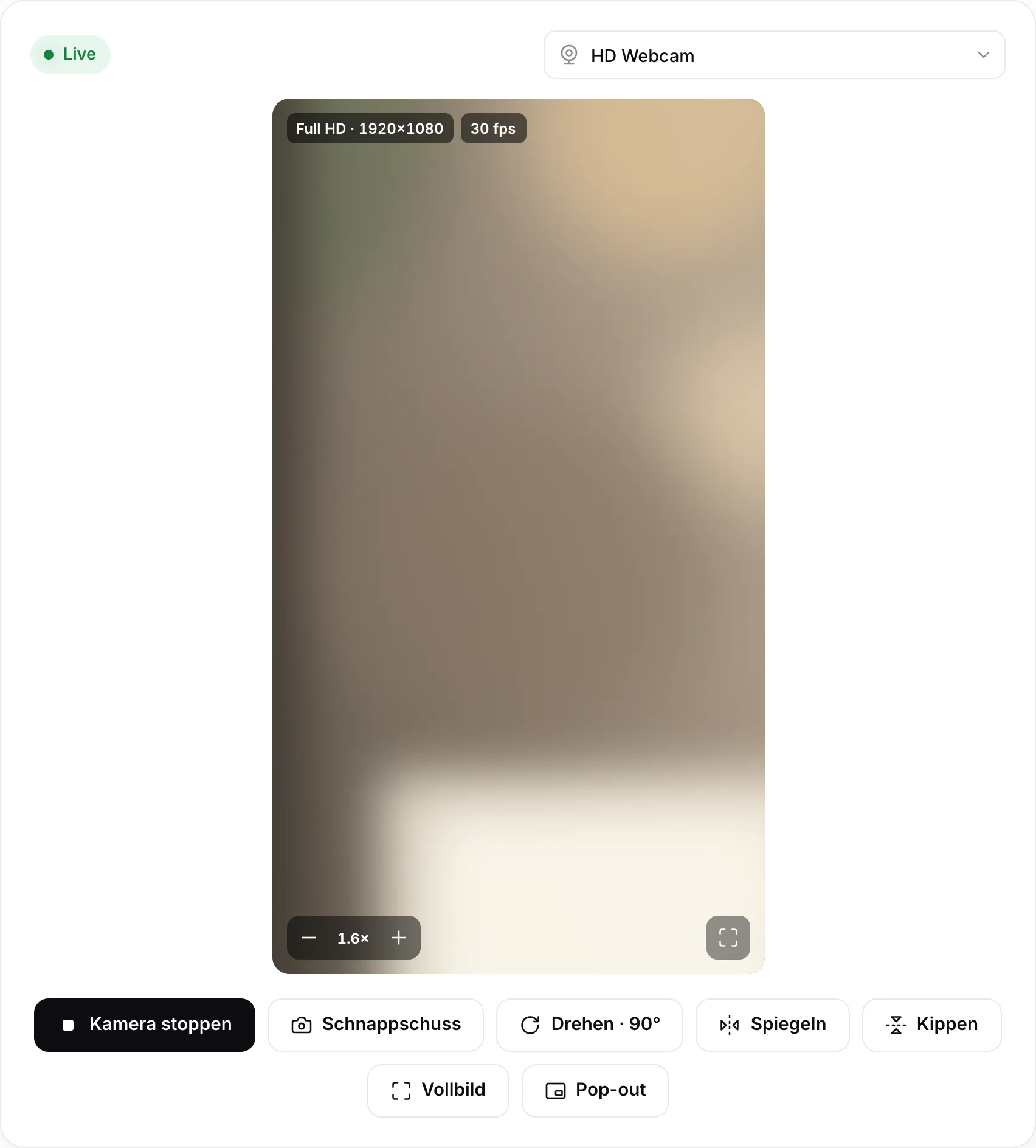 Das um 90° ins Hochformat gedrehte und auf 1,6× gezoomte Bild, dessen Button jetzt „Drehen · 90°“ anzeigt