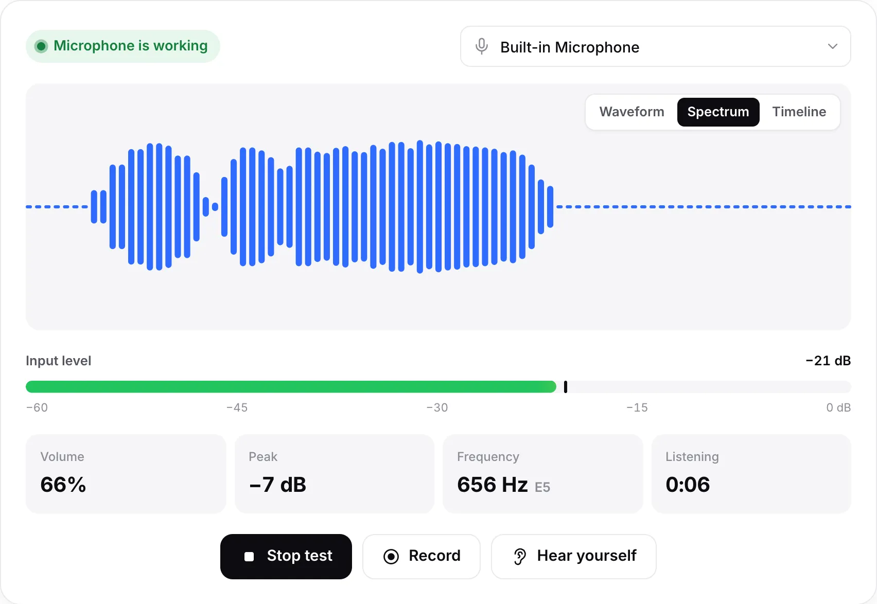 The microphone test in Spectrum view with moving bars, an input level of −23 dB and the green status “Microphone is working”