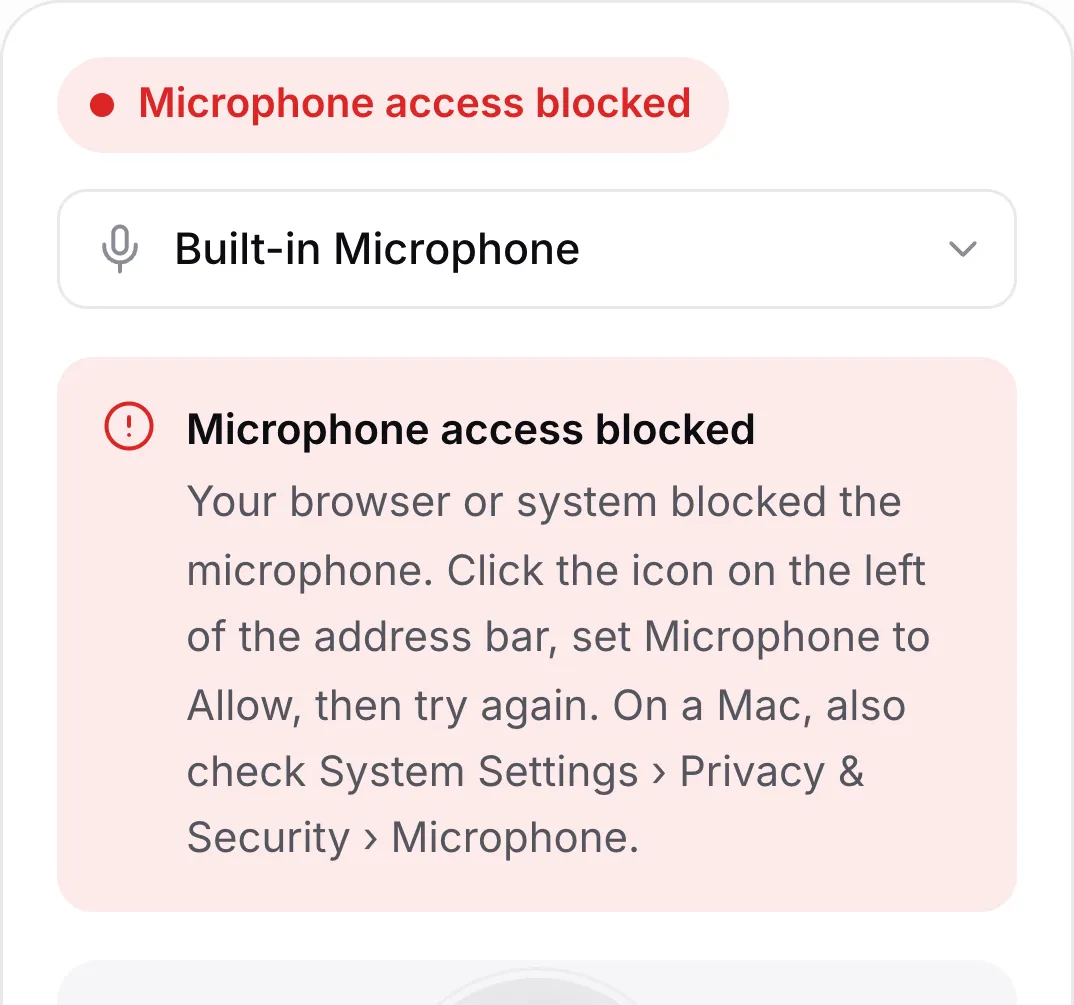 The microphone test on a phone showing the red message “Microphone access blocked”