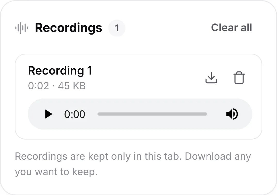 A recording on a phone with its length, a player and download and delete buttons