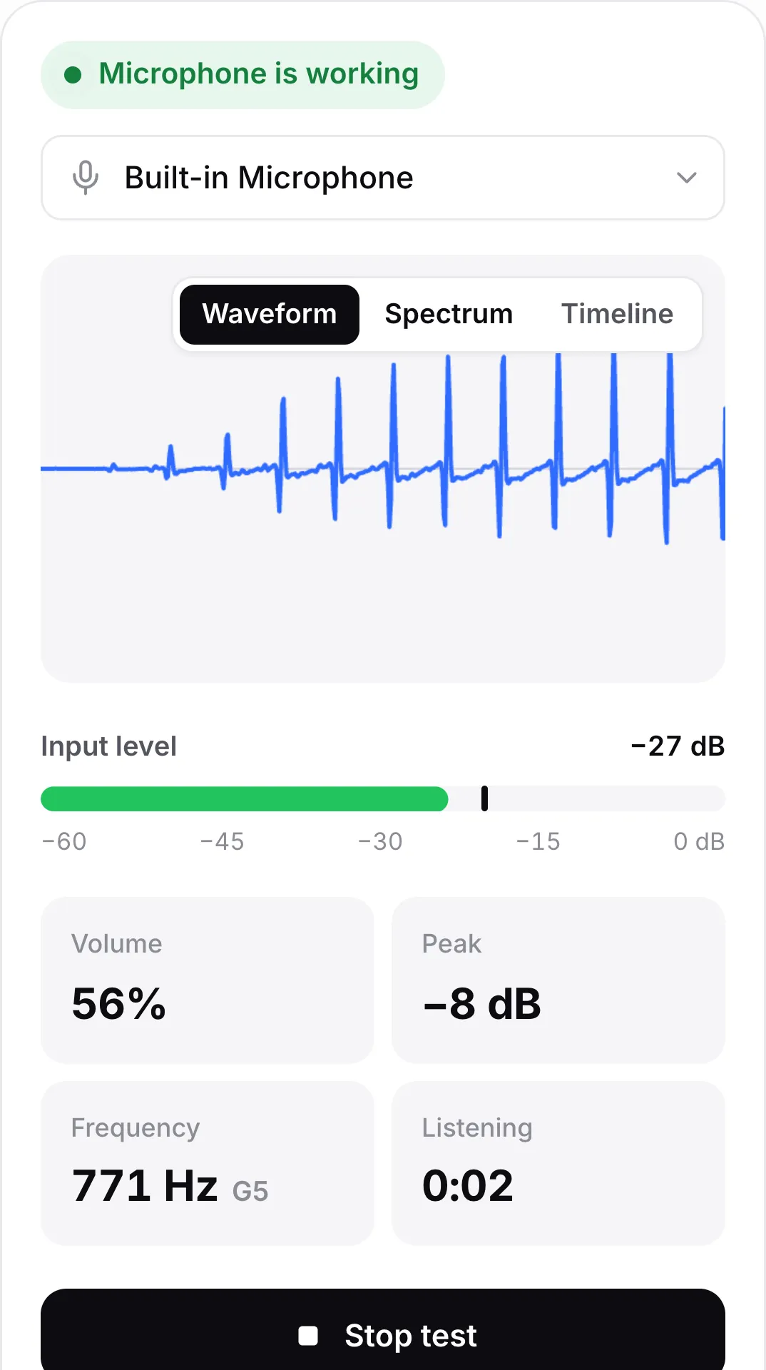 The microphone test on a phone with a moving waveform, an input level of −25 dB and the green status “Microphone is working”