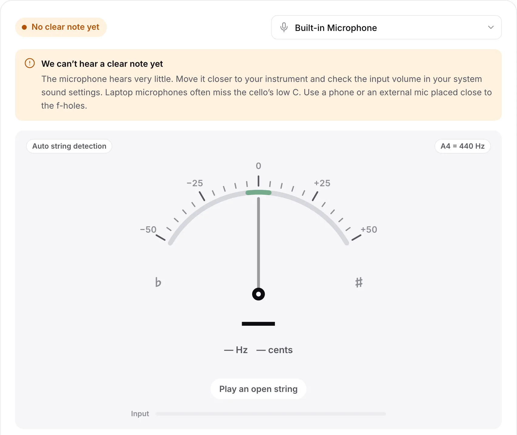 The tuner with the notice “We can’t hear a clear note yet”, an empty Input bar and a tip about laptop microphones and the low C