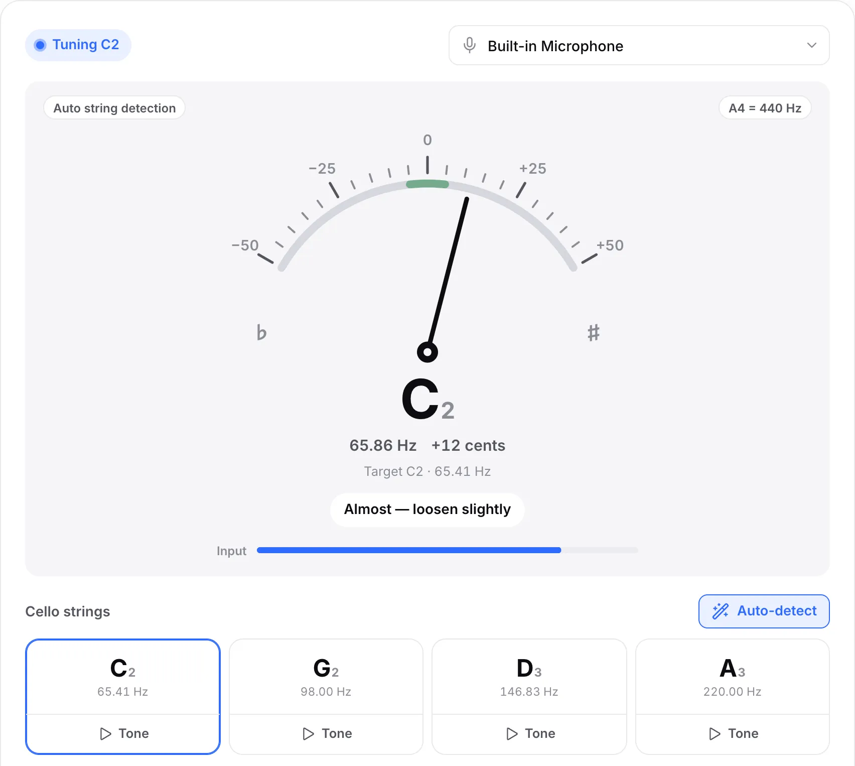 The C string 12 cents sharp: the needle leans right, the readout shows C2 at about 65.9 Hz and the hint says “Almost — loosen slightly”