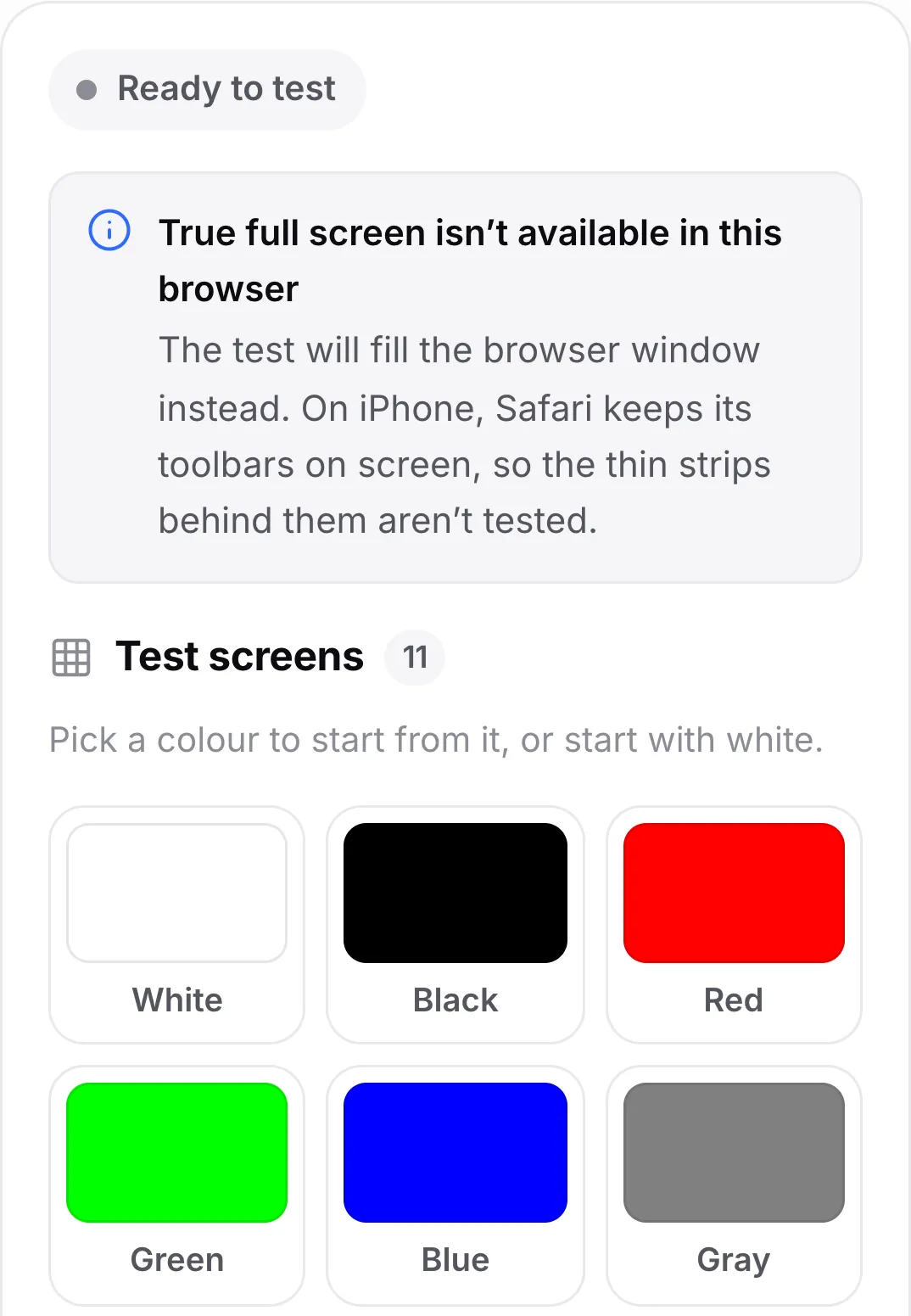 The dead pixel test on an iPhone showing the notice “True full screen isn’t available in this browser” above the colour swatches