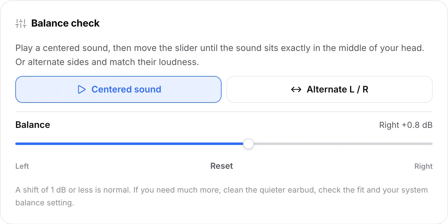 The balance check playing the centered sound, with the balance slider moved to Right +0.8 dB