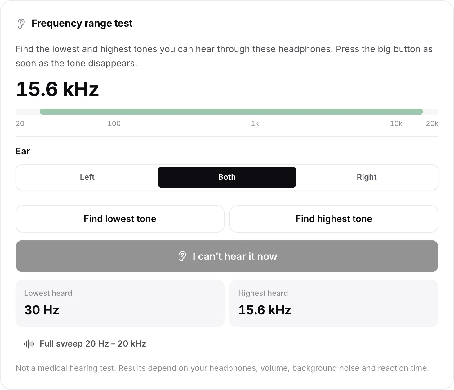 The frequency range test with results: lowest tone heard 30 Hz, highest 15.6 kHz, shown as a green band on the scale