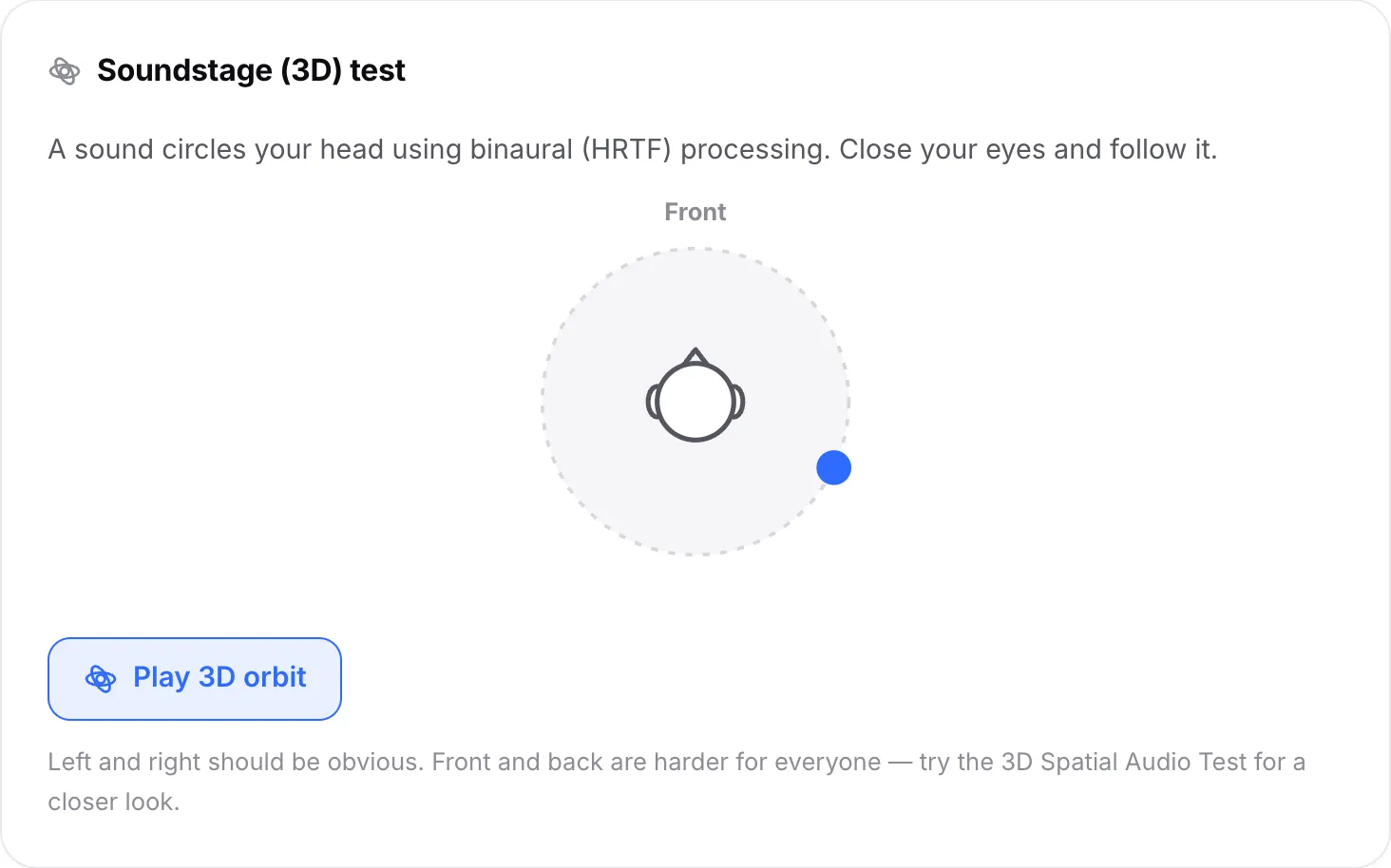 The soundstage test playing the 3D orbit, with the dot moving around the head, now behind the right ear