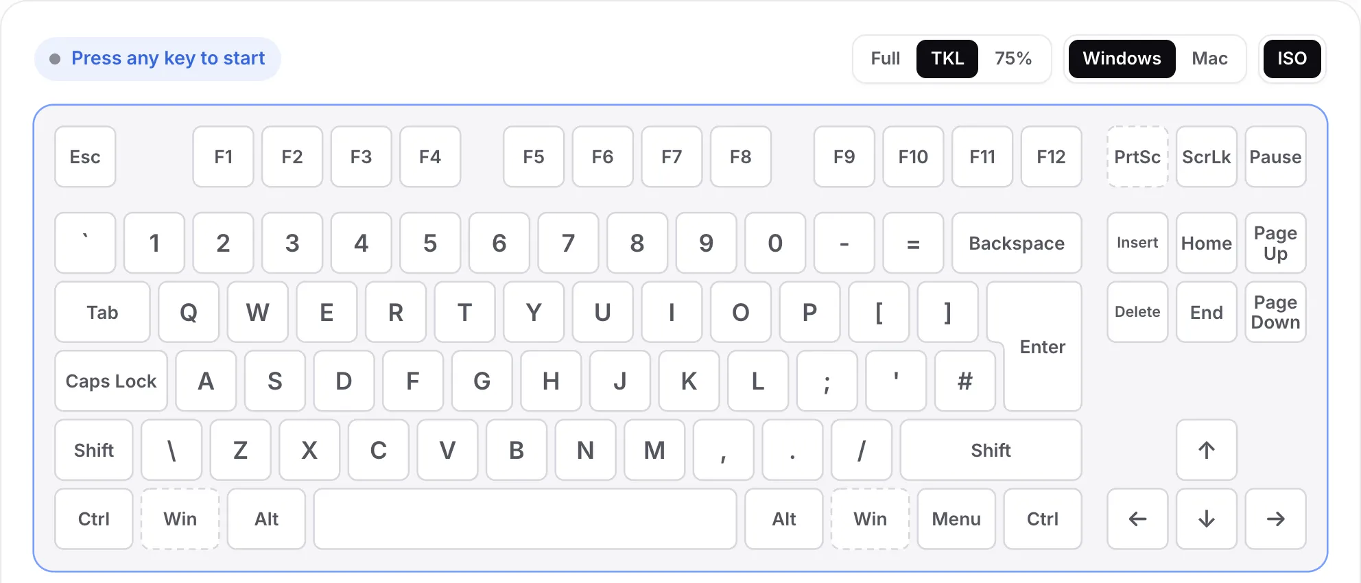 The TKL layout with ISO turned on: a tall Enter key and an extra key next to the left Shift, no numpad