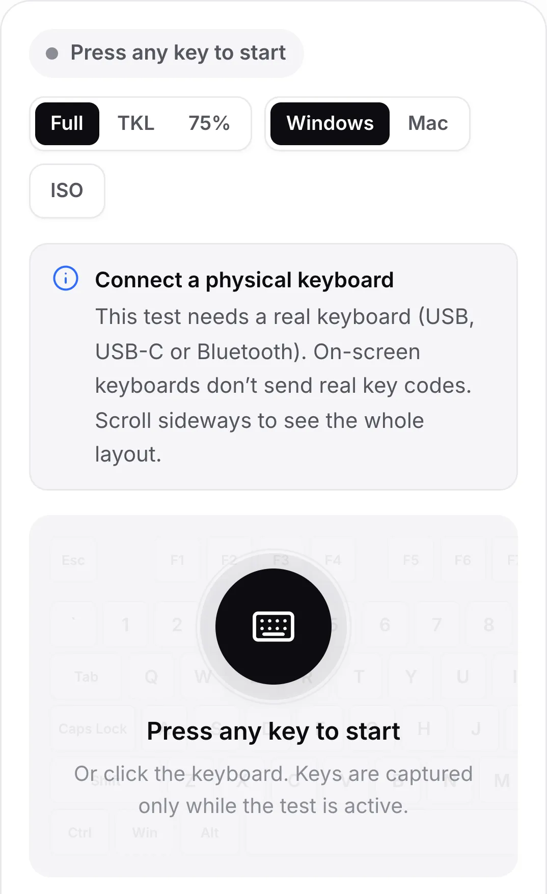 The keyboard test on a phone with the notice “Connect a physical keyboard”