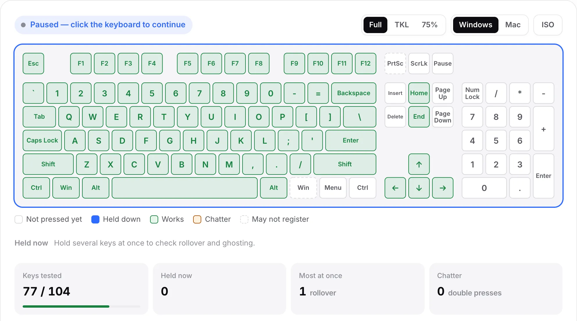 The virtual keyboard with most keys green, the numpad still white and Keys tested at 77 of 104