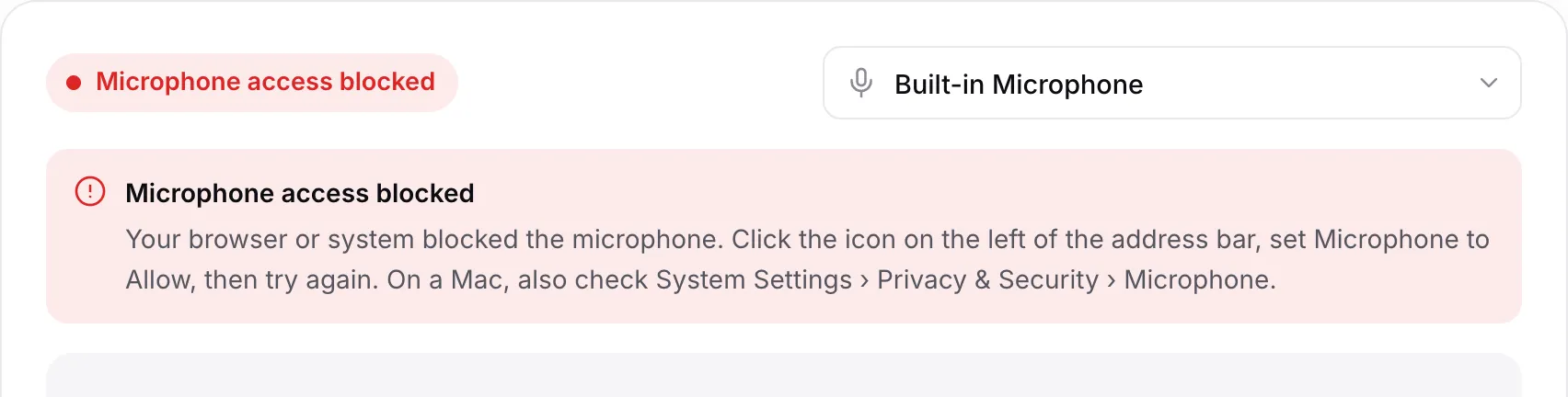 The microphone test showing the red message “Microphone access blocked” with instructions
