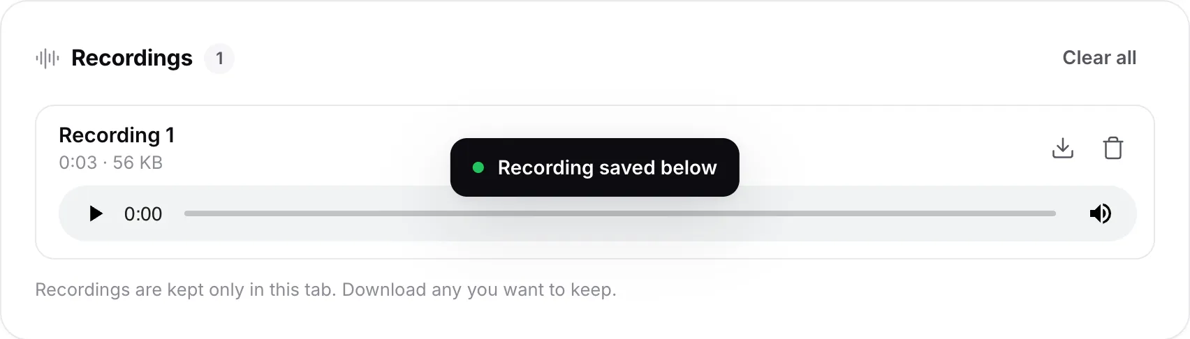 A recording in the Recordings list with a player and download and delete buttons