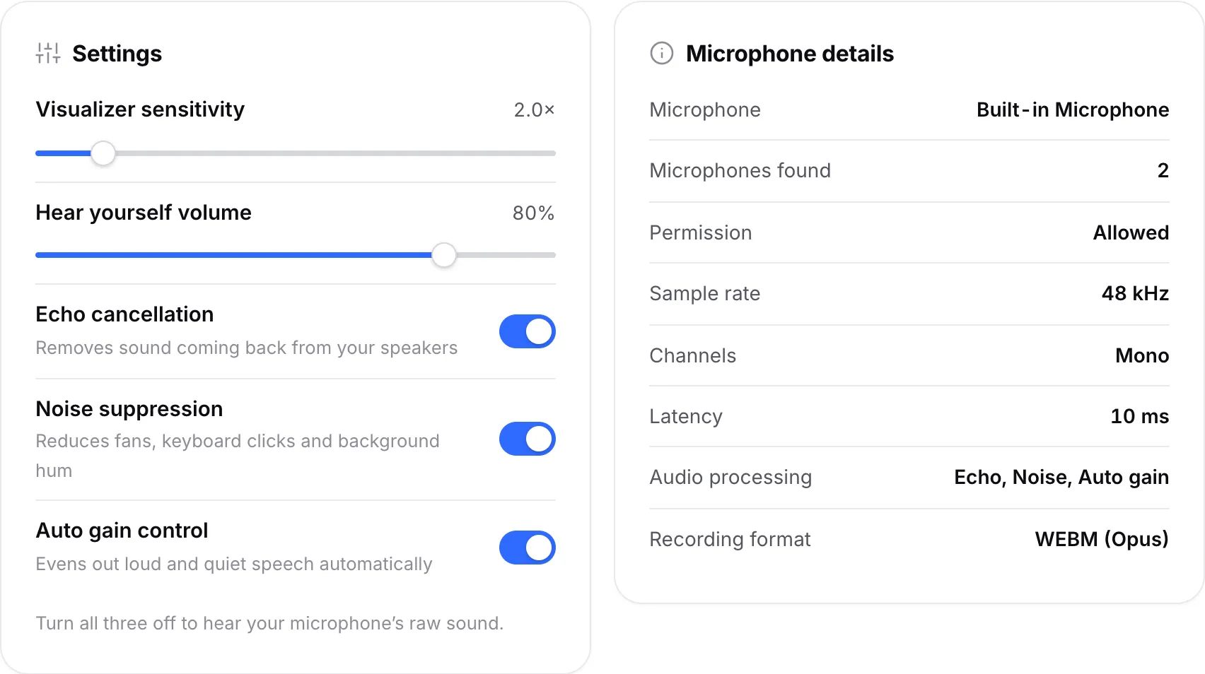 The Settings panel with the audio processing switches next to the Microphone details panel